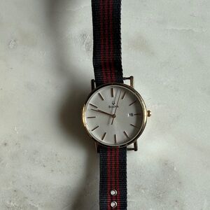 Bulova Silver Watch with Navy and Red Strap and original box